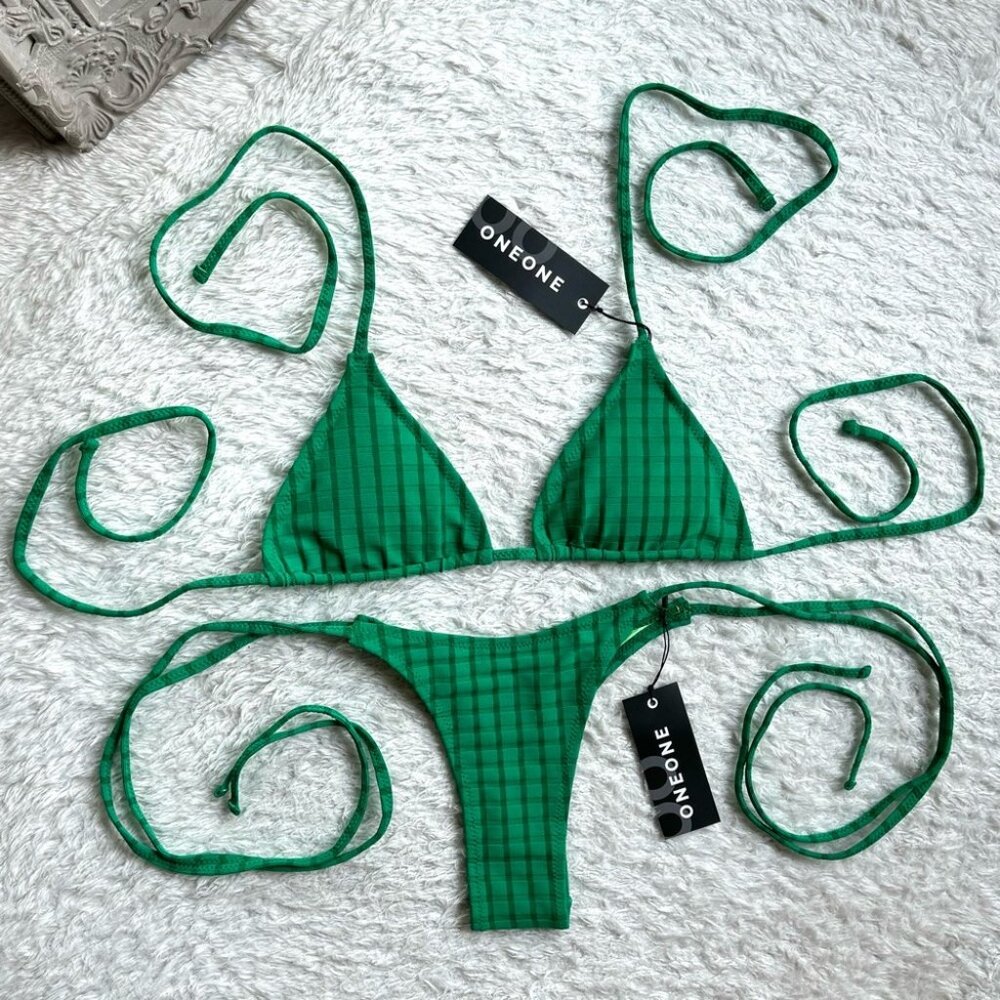 NWT OneOne Swimwear Bikini Set Pine Green Ariel Triangle New Padded Rare Medium